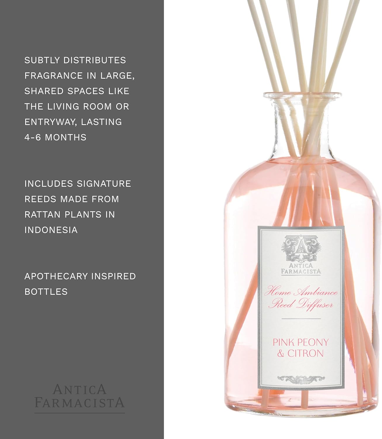 Antica Farmacista Home Ambiance Diffuser - Long-Lasting Reed Scent Diffuser - Luxury Room Freshener Gift - Pink Peony & Citron, 16.9 fl oz