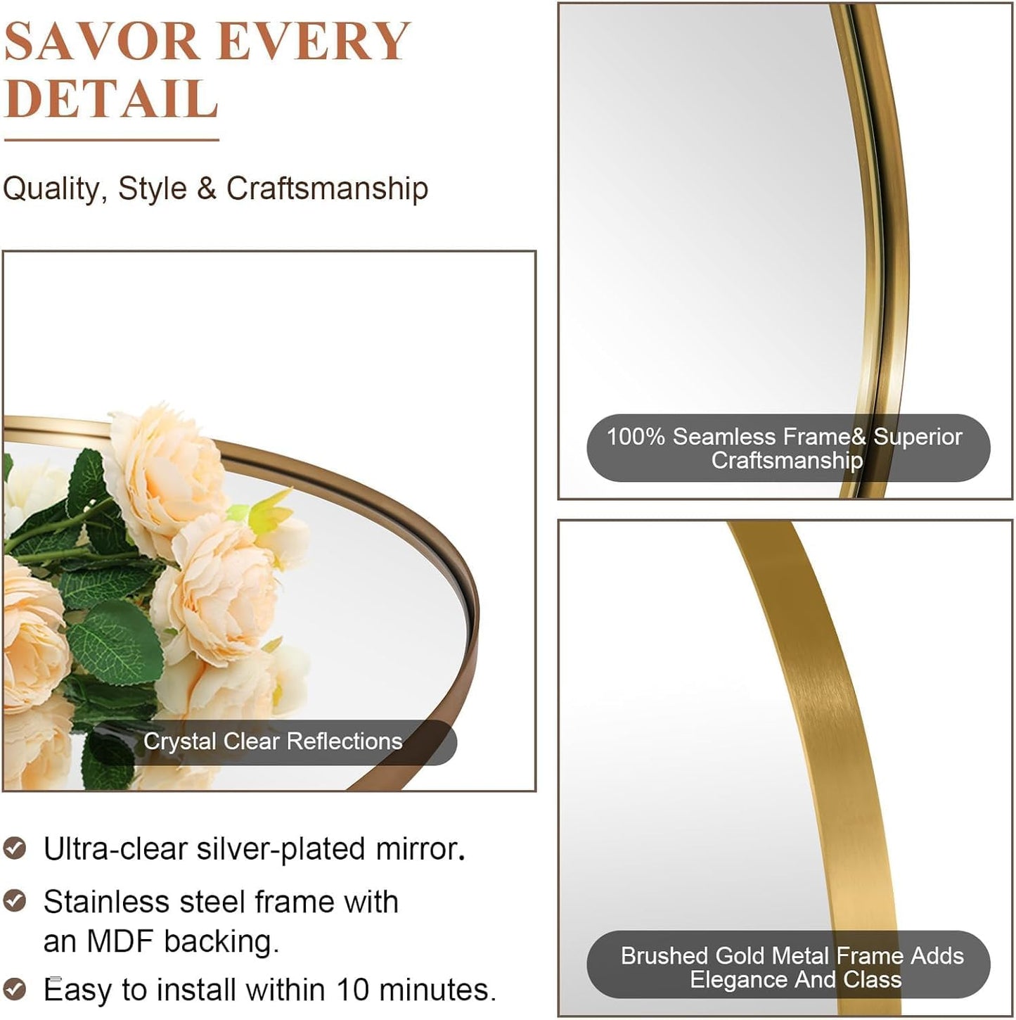 ANDY STAR Gold Round Mirror, Brushed Gold Round Bathroom Mirror, Brass Circle Mirror 32 inch, Modern Vanity Mirror in Stainless Steel Metal Frame for Home Decor, Entryway, Living Room