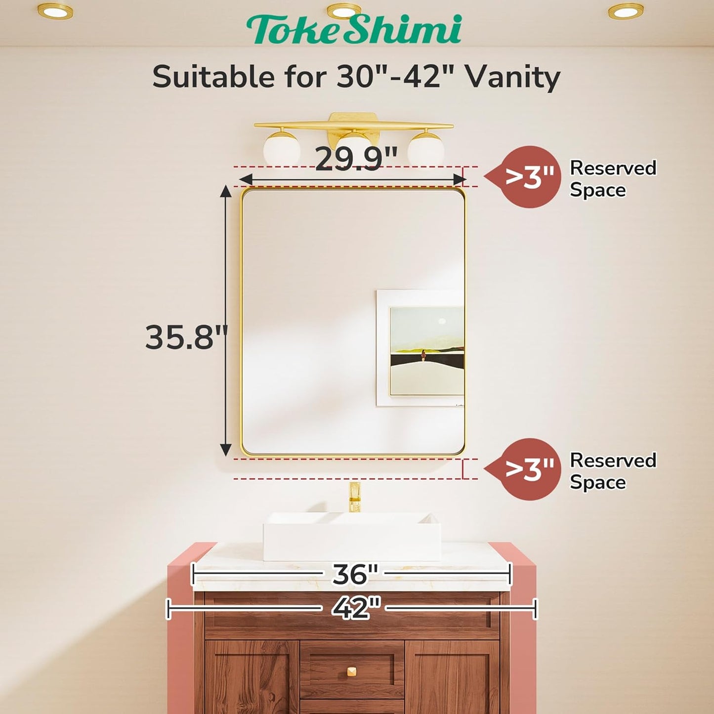 TokeShimi 30x36 Brushed Nickel Mirror for Bathroom,Modern Bathroom Vanity Mirror,Tempered Glass,Aluminum Framed Mirror(Horizontal/Vertical)