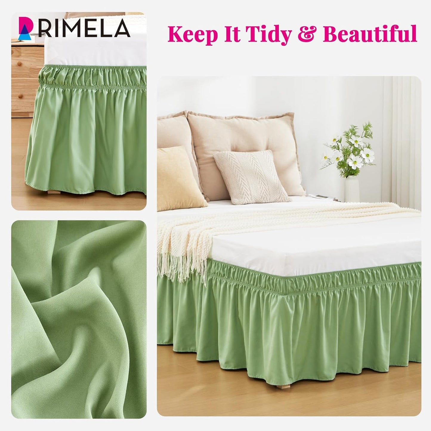 RIMELA Light Green Bed Skirt Queen Size 15 Inch Drop, Elastic Bed Skirting for Adjustable Bed Base and Frame, Bedding Dust Ruffle Easy to Install, Wrap Around Bedskirt