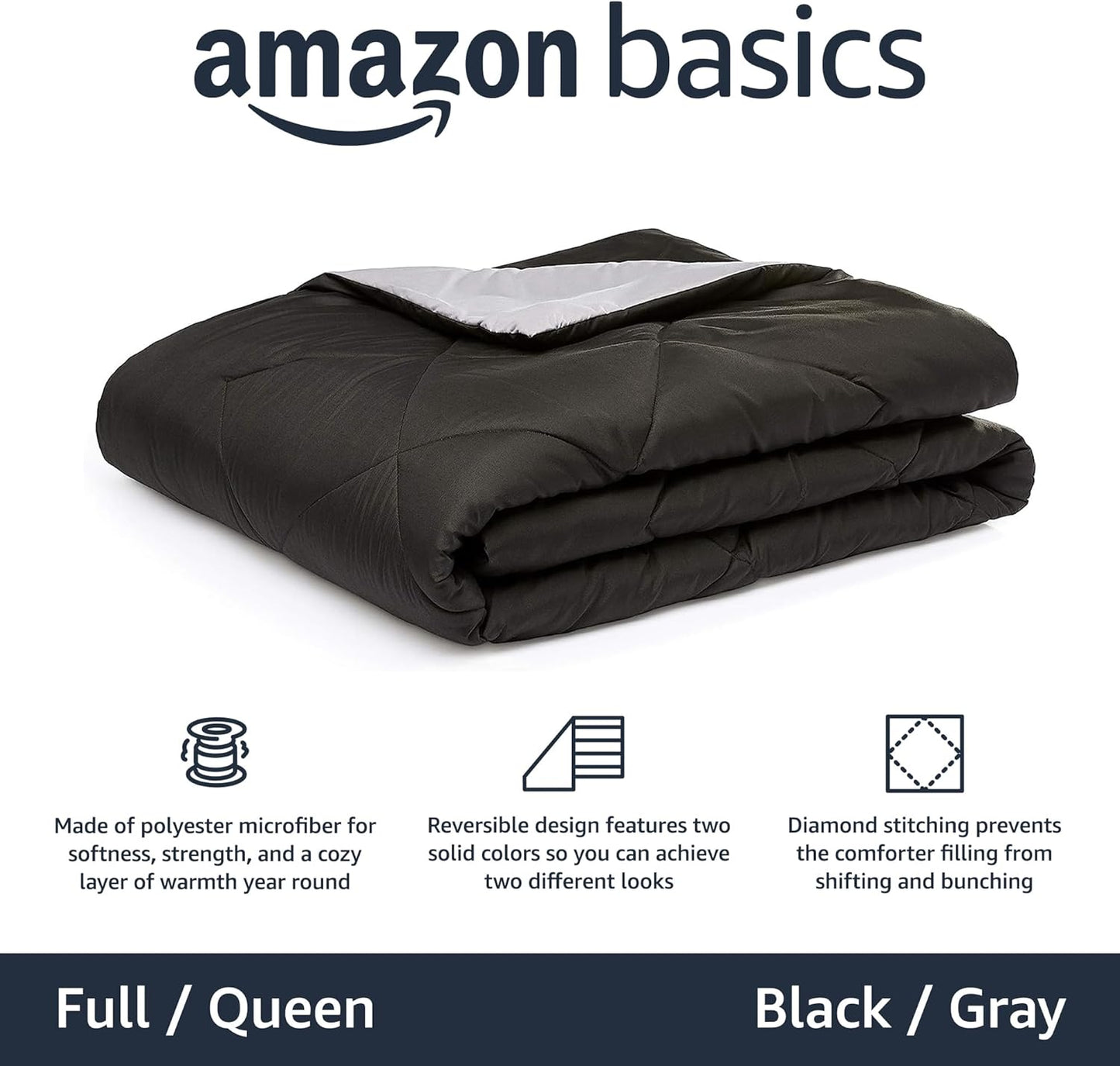 Amazon Basics Comforter Blanket Full/Queen, Reversible, Lightweight Microfiber, All Season, Black/Grey