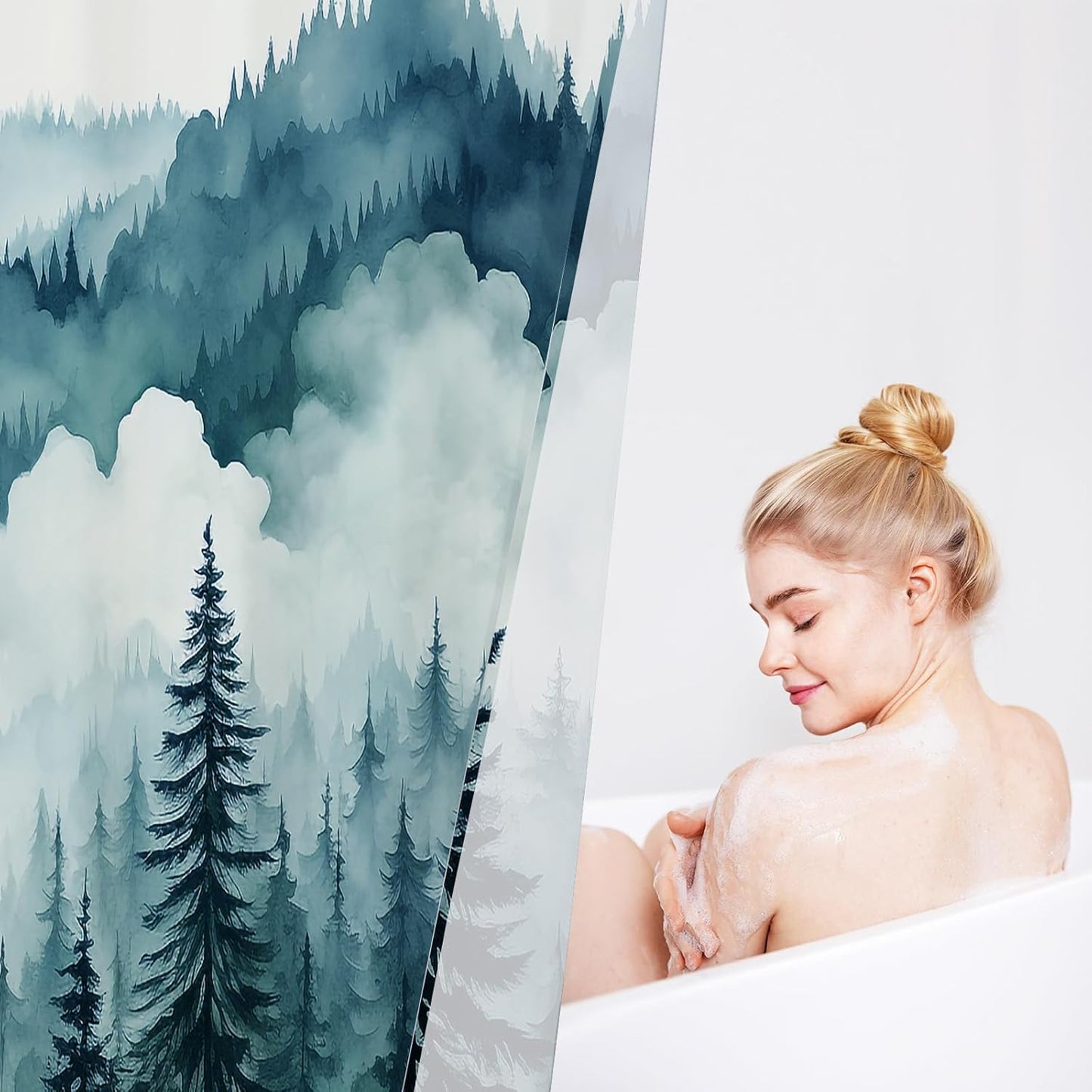 Peacock Blue Misty Pine Forest Shower Curtain, Mountain Foggy Woodland Scenery Tree Shower Curtains for Chic Rustic Bathroom, Abstract Modern Waterproof Nature-Themed Decor, 72x72 Inches