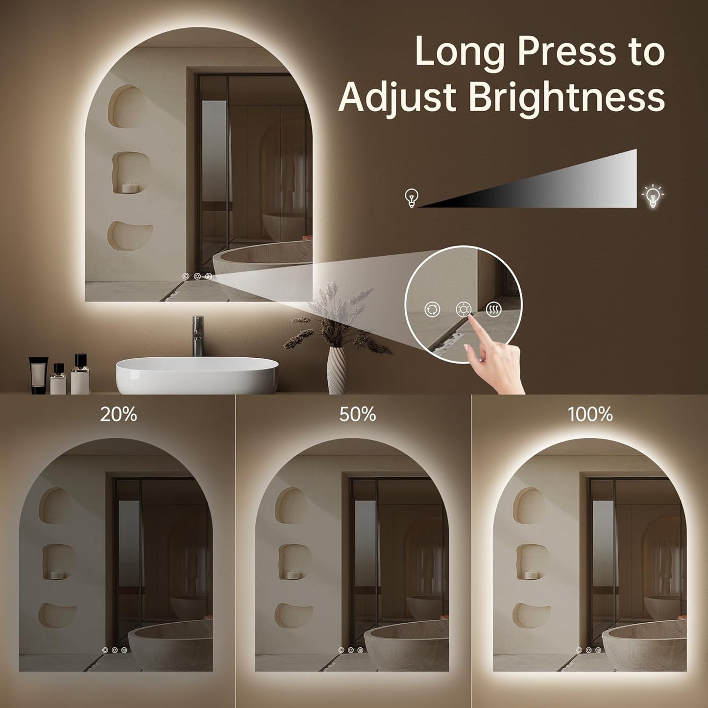 Arched Backlit Mirror Bathroom 30"x36"- Frameless LED Bathroom Mirror with Lights, Fogless, Dimmable, 3 Color Changing, Shatterproof, Touch Sensor