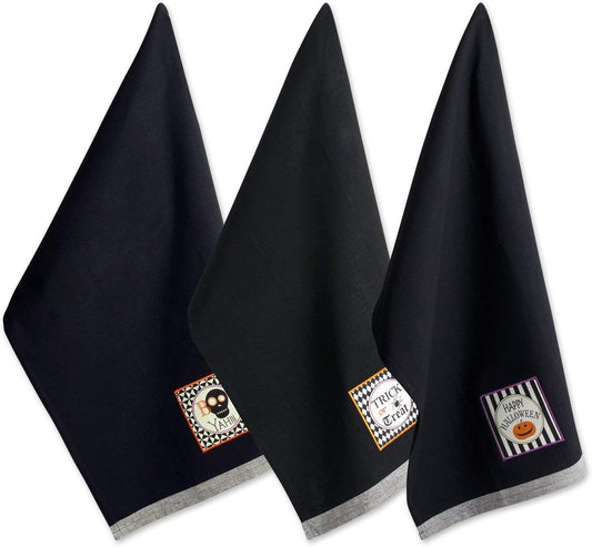 DII Happy Halloween Dishtowel Collection Embellished Cotton Kitchen Hand Towel Set, 18x28, Black All Hallows Eve, 3 Count