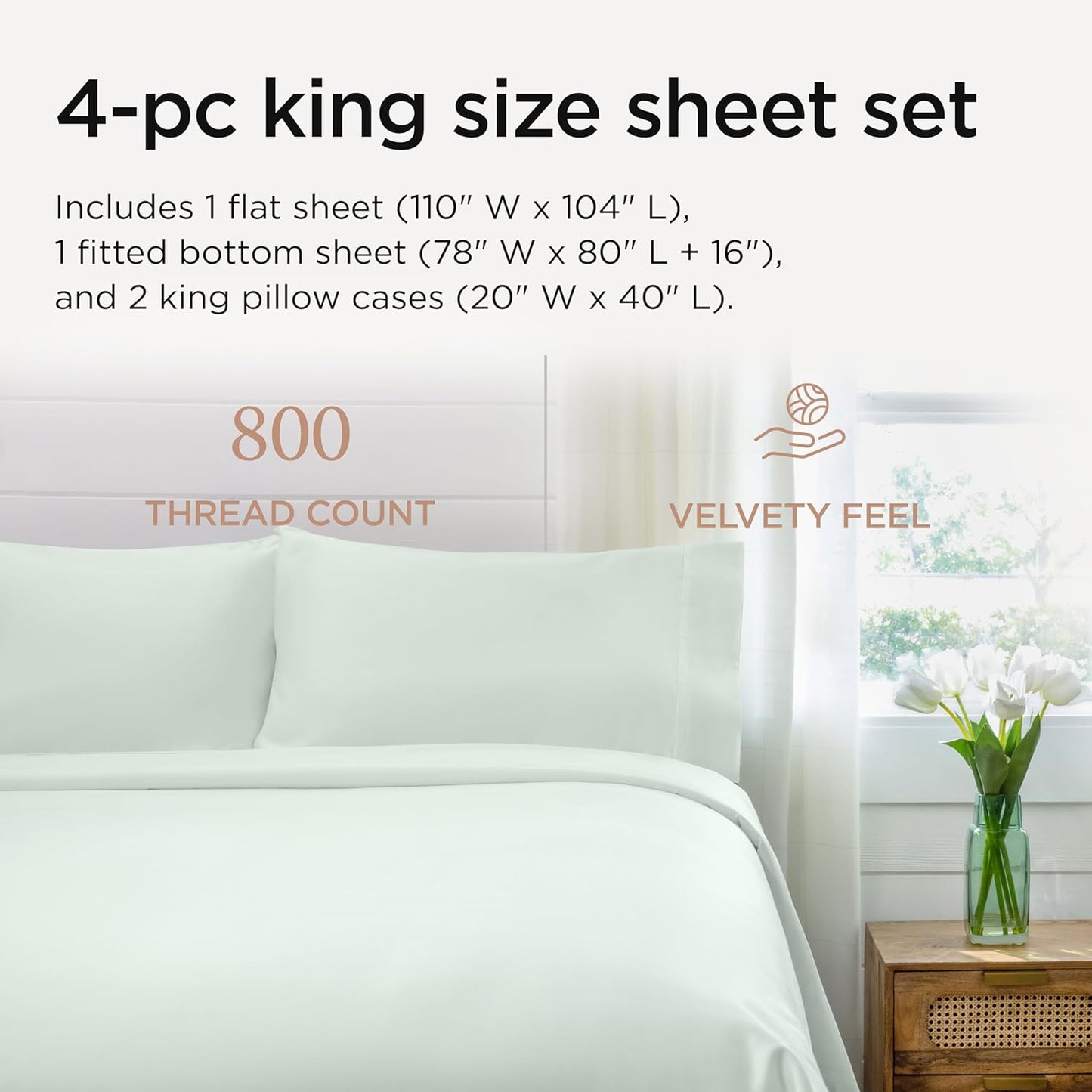 Threadmill King Size Sheets | 800 Thread Count King Bed Sheets Set for King Mattress 16” Deep Pocket | Sateen Weave, Better Than Egyptian Cotton, 4-Piece Bedding Set with Cooling Effect | Seaglass