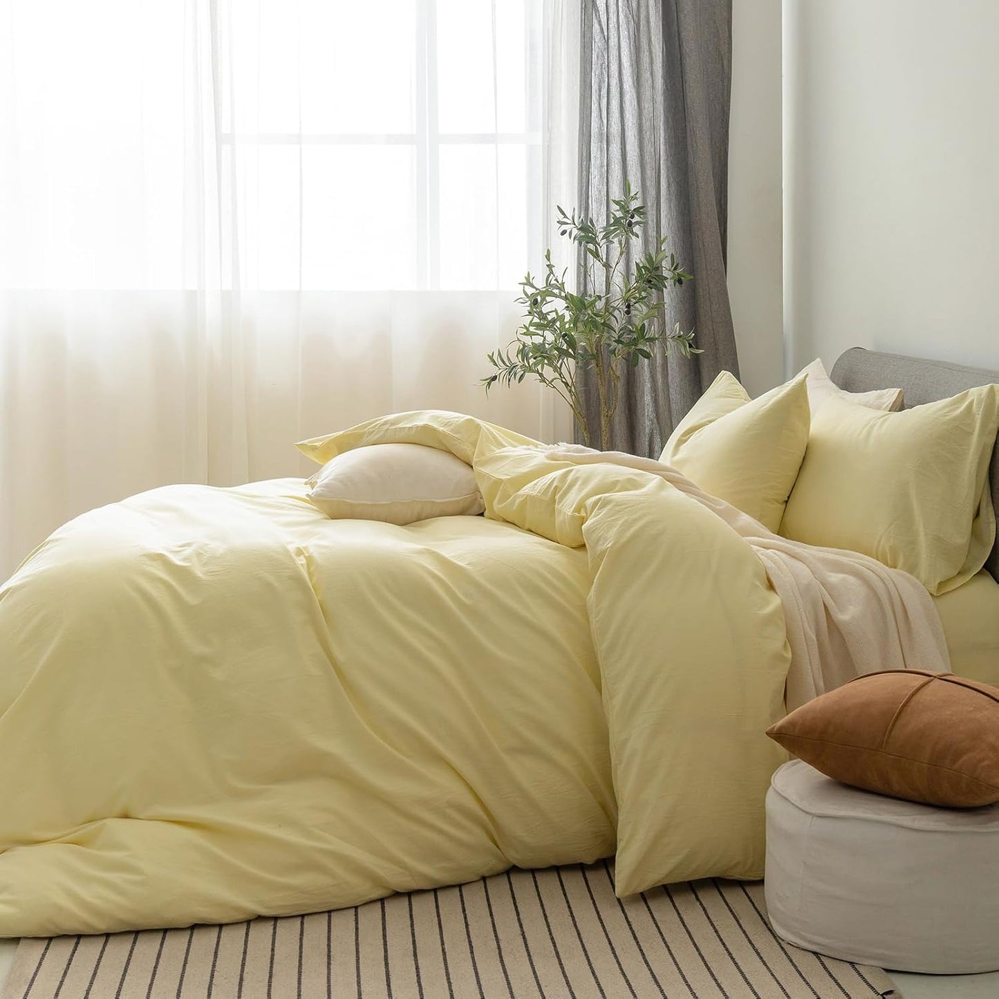 FOSSA Duvet Cover Set 100% Washed Cotton Linen Feel Super Soft Breathable Cozy 3 Pieces Bedding Sets Solid Pastel Yellow Twin