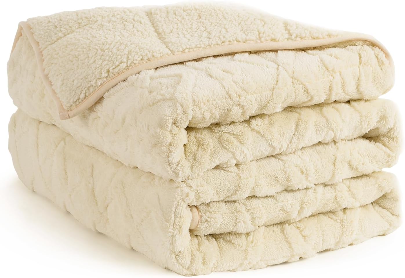 Topblan Weighted Blanket Twin Size 15 Pounds, Soft Weighted Blanket with Doubled-Sized Shaggy Sherpa, Jacquard Knitted Stylish Warm Weighted Blankets Throw for Better Sleep, Beige, 48 x 72 inches