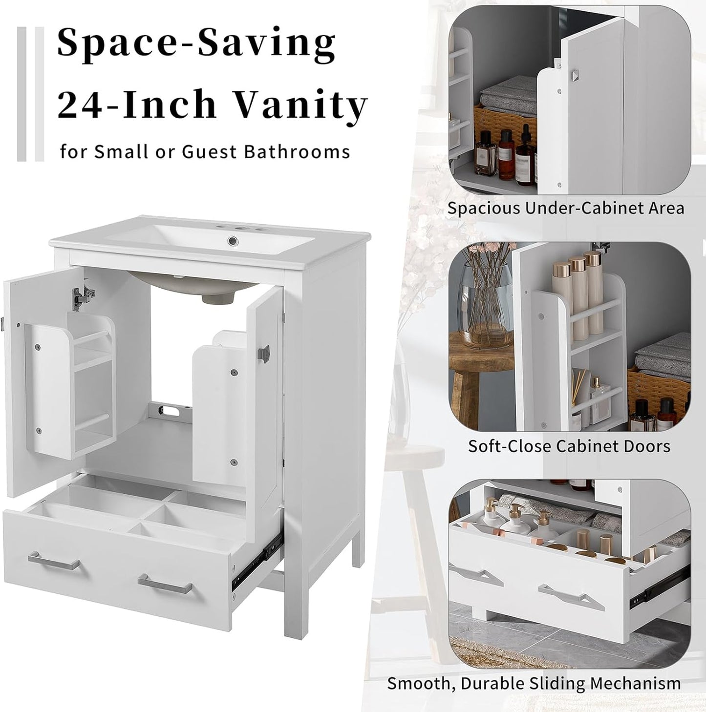 24" Bathroom Vanity with Sink Combo Set, Solid Wood Frame Bathroom Storage Cabinet with 2 Drawers and 1 Drawer, Double-layer Door Shelf, Soft Closing Cabinet Door with Organizer, White
