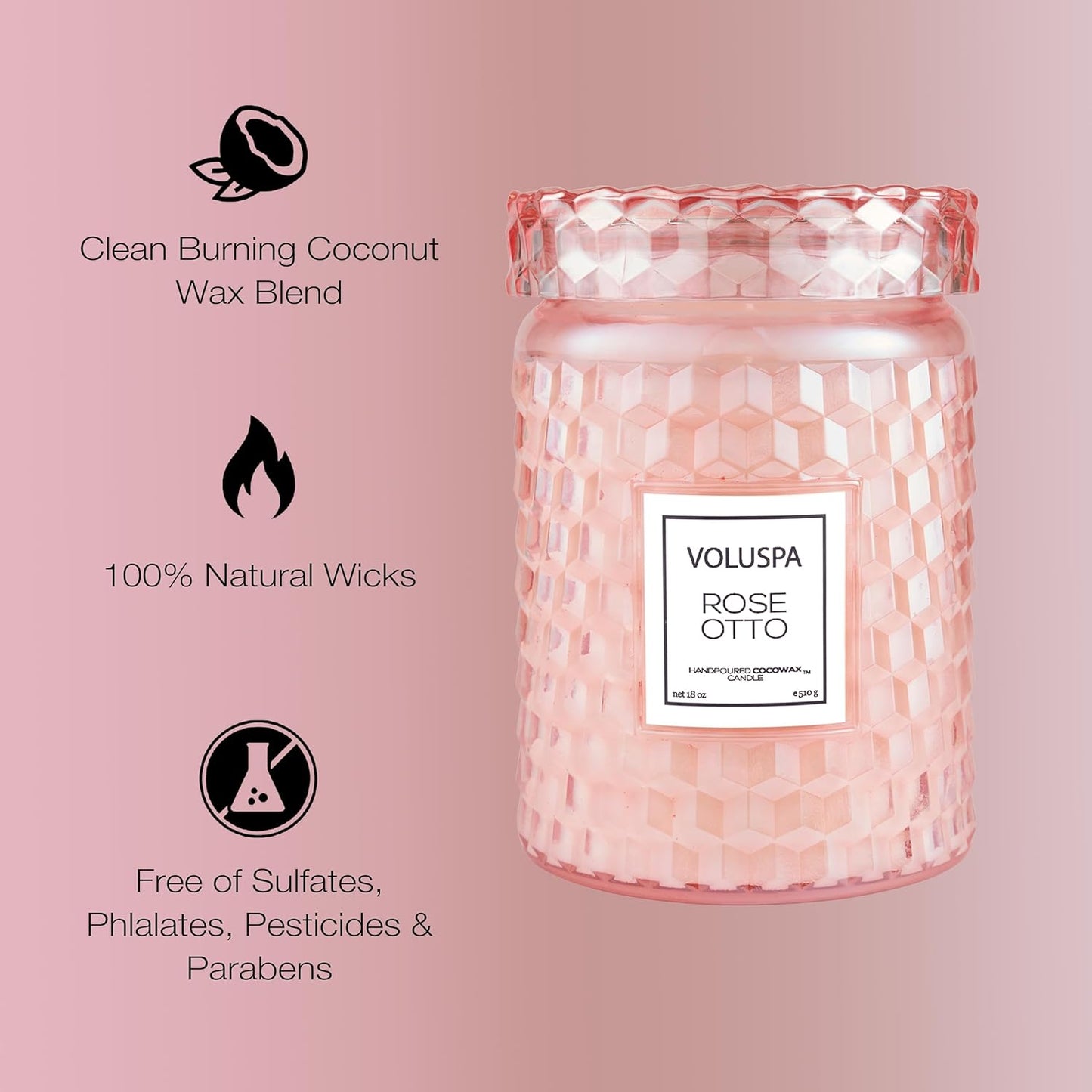 Voluspa Rose Otto, Large Candle Jar, 18 Ounce, 100 Hour Burn Time, Coconut Wax for Clean Burning, Handcrafted in The USA