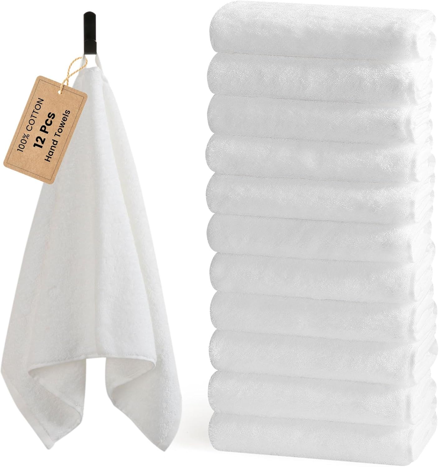 SEMAXE 12 Pack Hand Towels for Bathroom, 100% Cotton Towels with Hanging Loops, Soft and Highly Absorbent, Hand Towel Set for Gym, Shower, Hotel, Spa and Kitchen, White