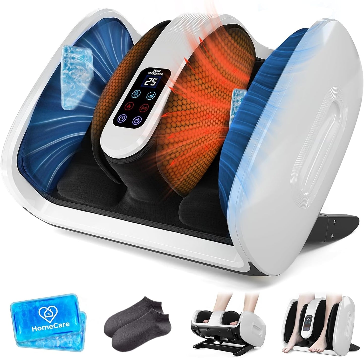 HomeCare Foot Massager with Heat & Ice Therapy, Shiatsu Deep Kneading Compression Foot Massagers for Plantar Fasciitis & Neuropathy Relief, Adjustable Intensity, FCC/CE Certified