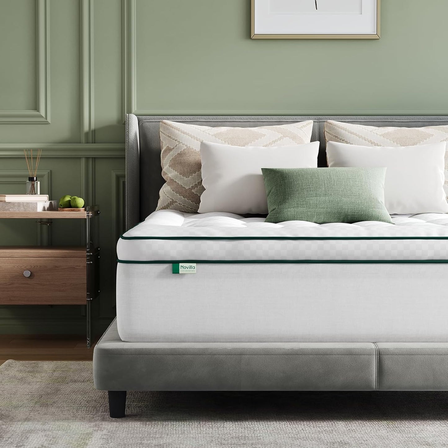 Novilla King Mattress Topper, Extra Thick Pillow Top Mattress Pad with Down Alternative, Breathable Mattress Cover with for 8-21", Machine Washable Fitted Mattress Protector – Green-White