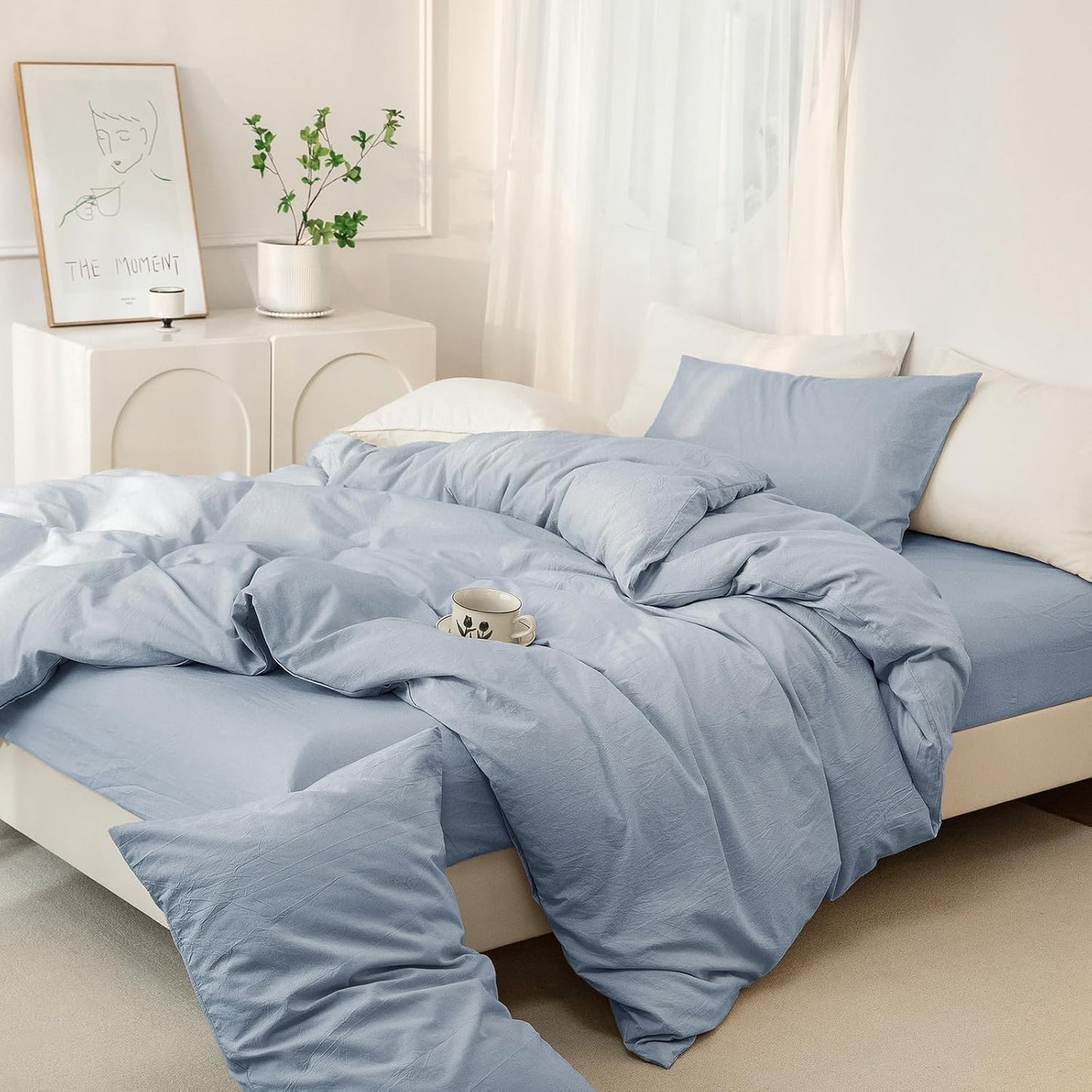 JIYUAN 100% Washed Cotton Duvet Cover Set 3 PCS Oversized Queen, 1 Duvet Cover 98"x98" (Comforter Not Included) and 2 Pillowcases,Linen Feel Bedding Set Comfy and Breathable, Heathered Light Blue