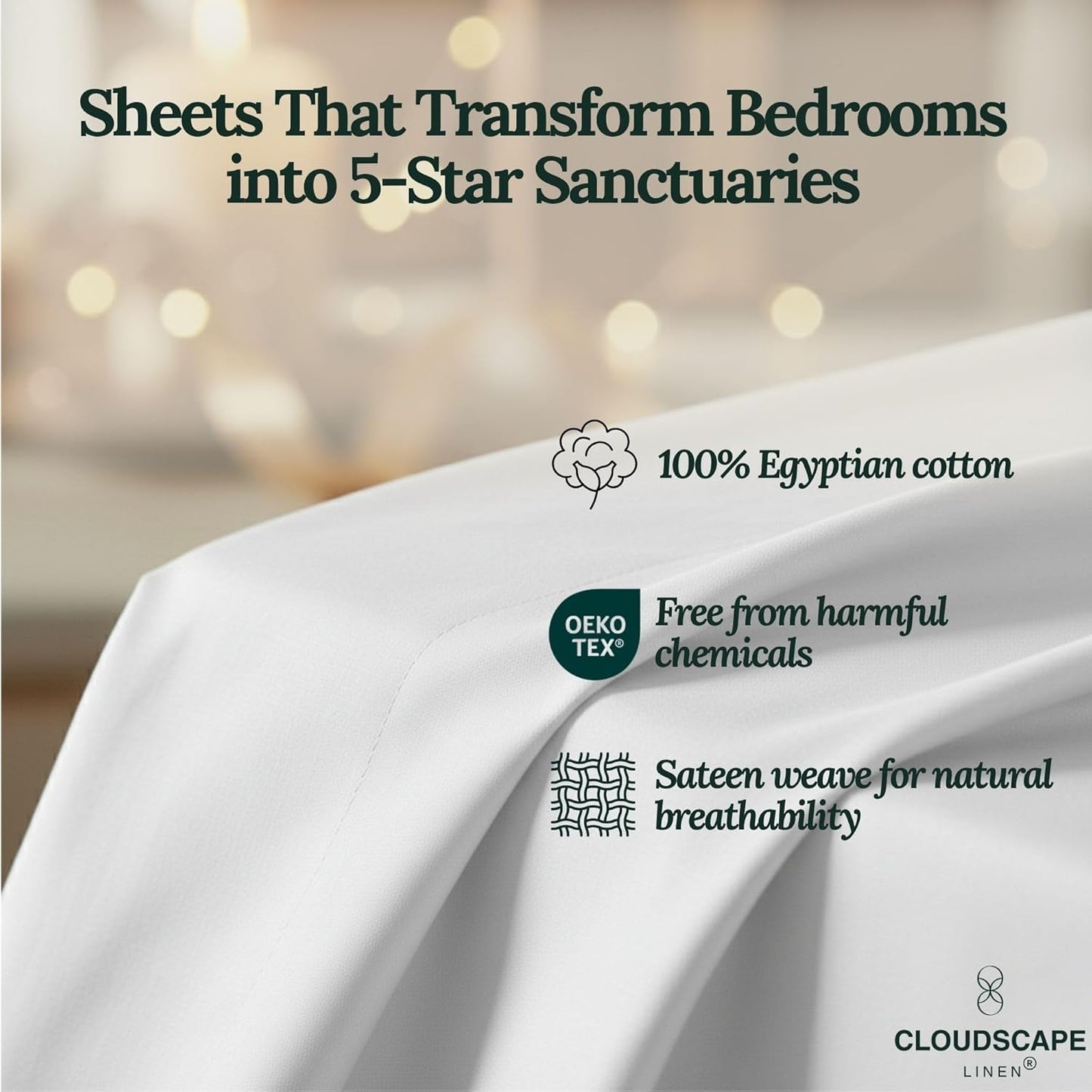 Cloud Scape Linen Engineered Dual-Ply Egyptian Cotton Queen Size Sheet Set – Long-Staple Sateen Weave, 4-Piece Soft Hotel Quality Bedding Set,Deep Pockets Up to 17”, White