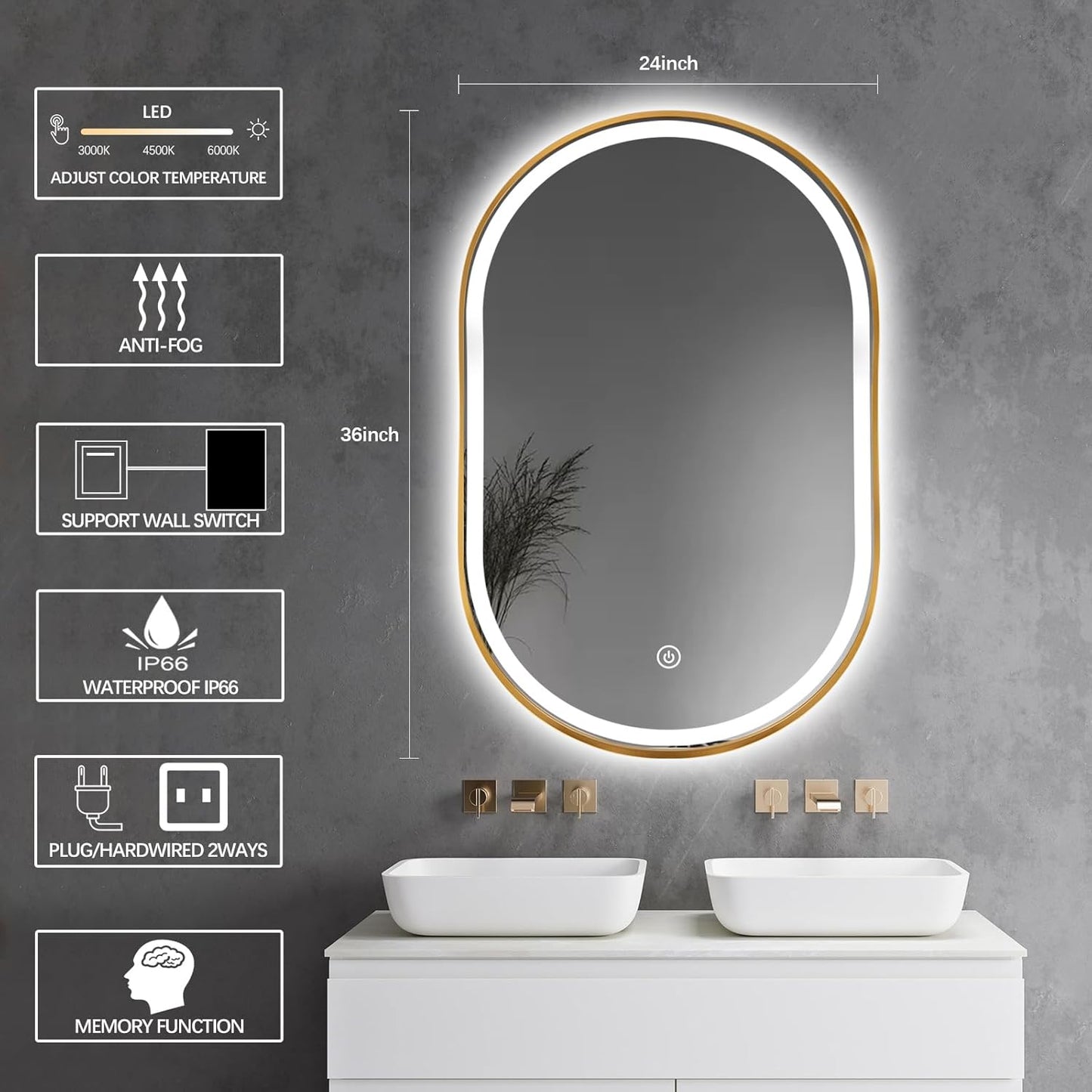 Oval LED Bathroom Mirror, 36"x24" Lighted Wall Mounted Vanity Mirror with Metal Frame, Anti-Fog IP66 Waterproof Smart Mirror, Memory Function, (Horizontal or Vertical), Gold