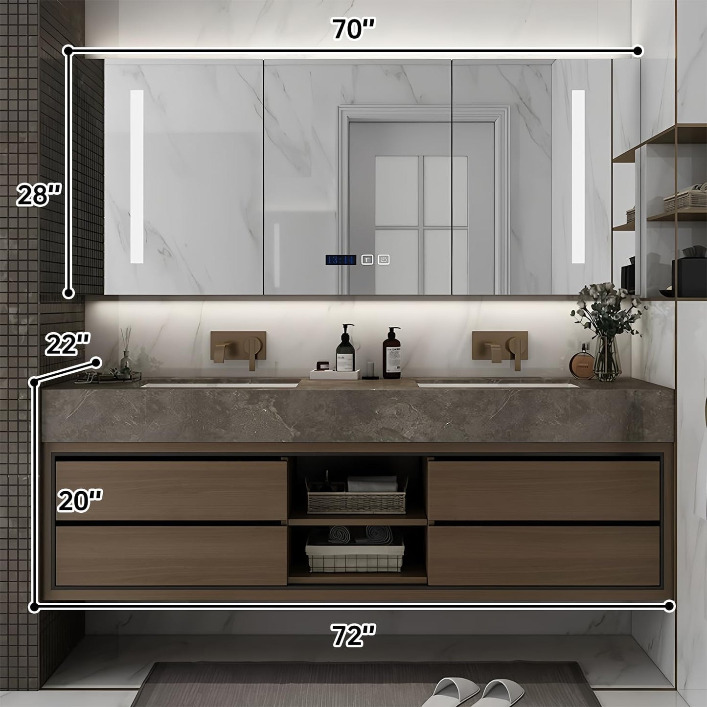 72IN Double Sink Bathroom Vanity, Floating Modern Bathroom Vanity Include Smart Defog Mirror Cabinet with LED Light, Solid Wood Vanities with Integrated Sink and Drawers Storage