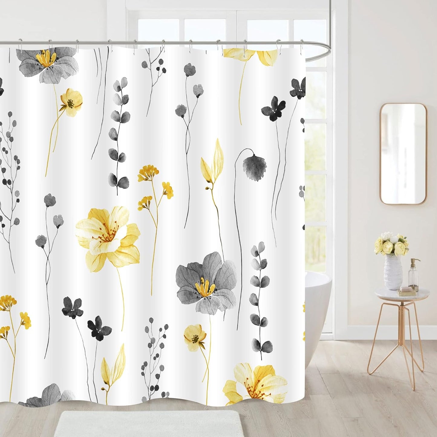 Gibelle Long Shower Curtain 72 x 78, Watercolor Floral Fabric Shower Curtain, Yellow Grey Flower Decorative Bathroom Shower Curtain Set with Hooks