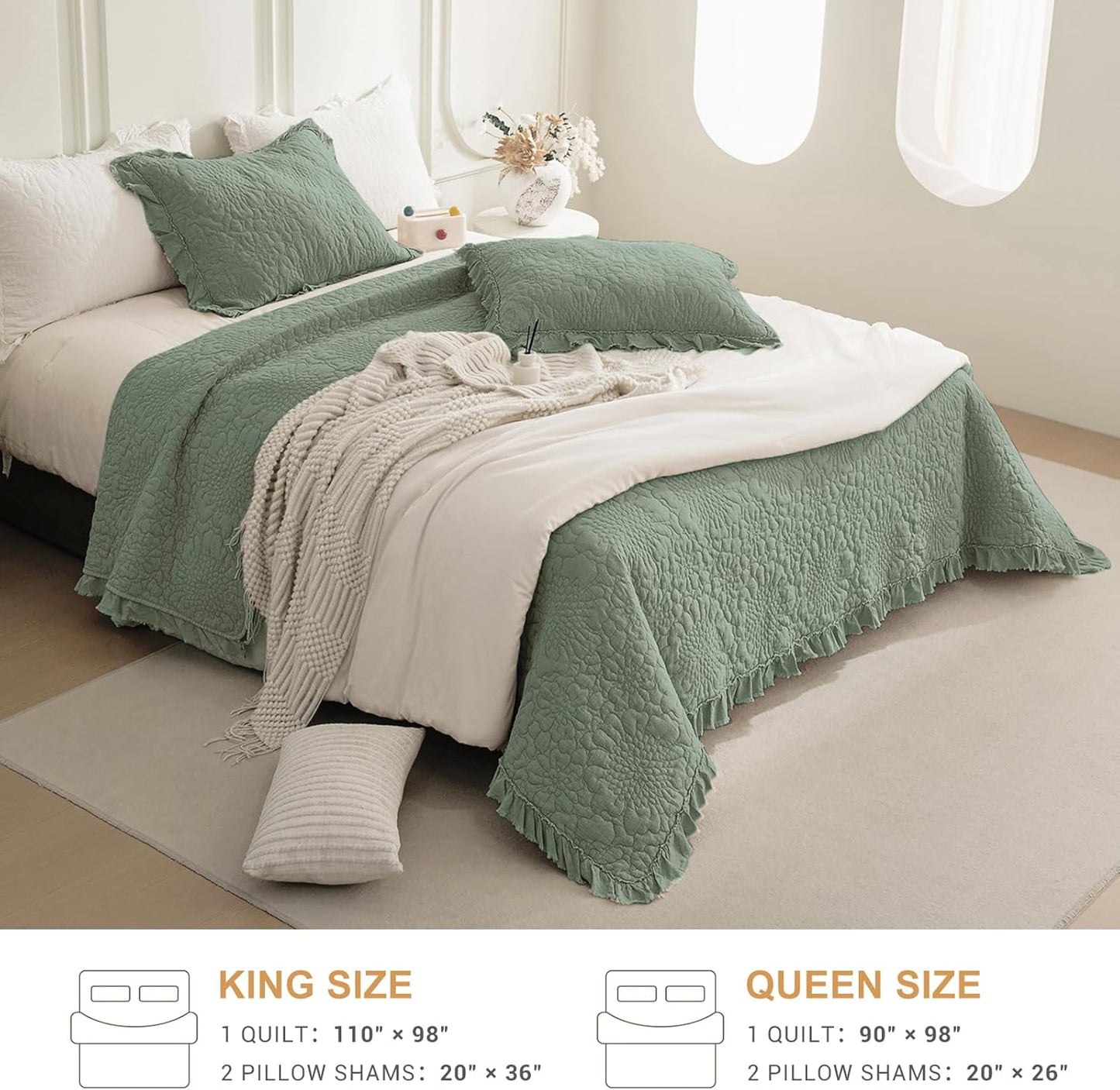 QSH 3PCs Stonewashed Cotton Quilt King (110"x98"),Olive Green Ruffle Quilt King Size Bedding Set,Ultra Lightweight Soft Crinkled Bedspread Coverlet King Shabby Farmhouse Chic Bedding for All Seasons