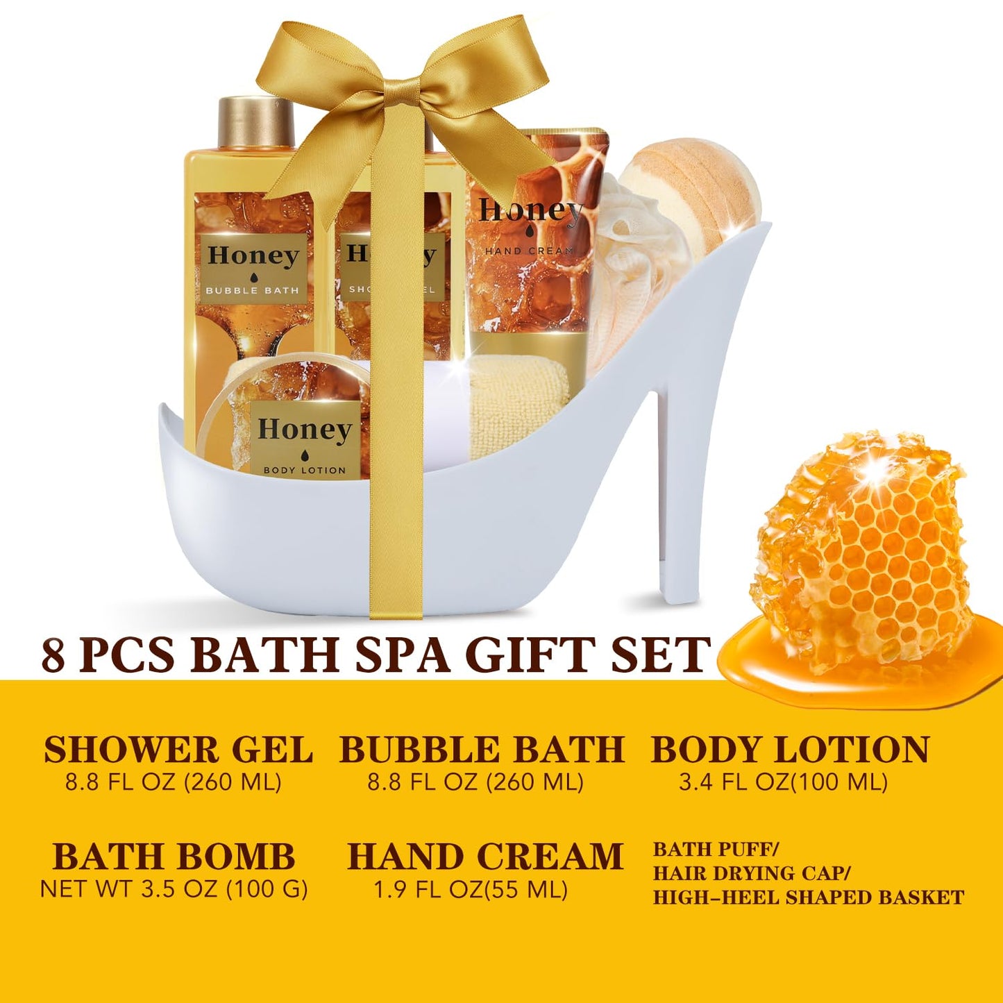Christmas Gifts for Women, Honey Spa Gift Basket for Women, Bath Set with Golden Bath Bombs & Skin-Repairing Butter, Anniversary Gifts for Her, Wife, Girlfriend