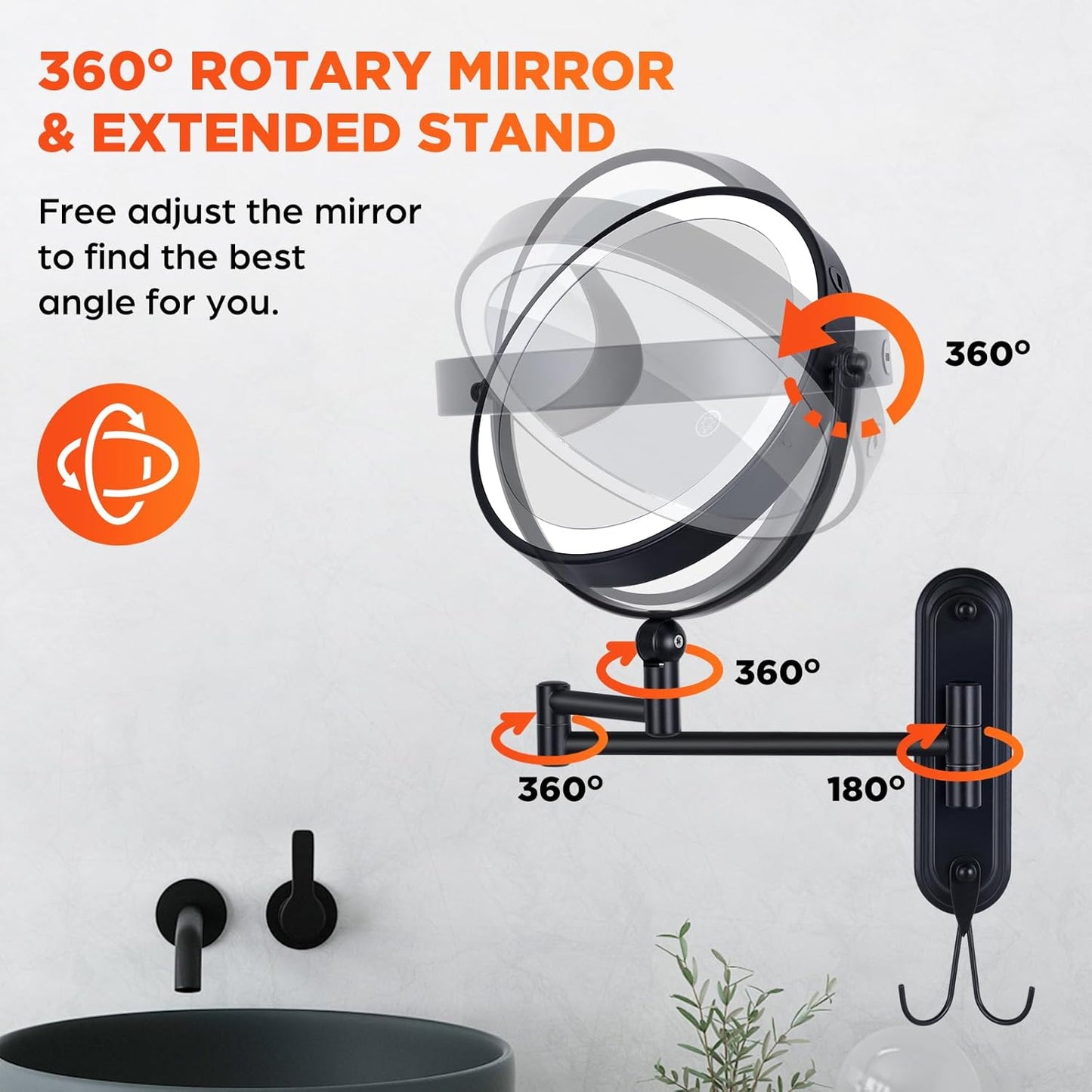 Wall Mounted Lighted Makeup Mirror, 8'' Double Sided 1X/10X Magnifying Rechargeable Vanity Mirror with Lights, 3 Color Lights Height Adjustable 360° Rotation Bathroom Mirror with Hook