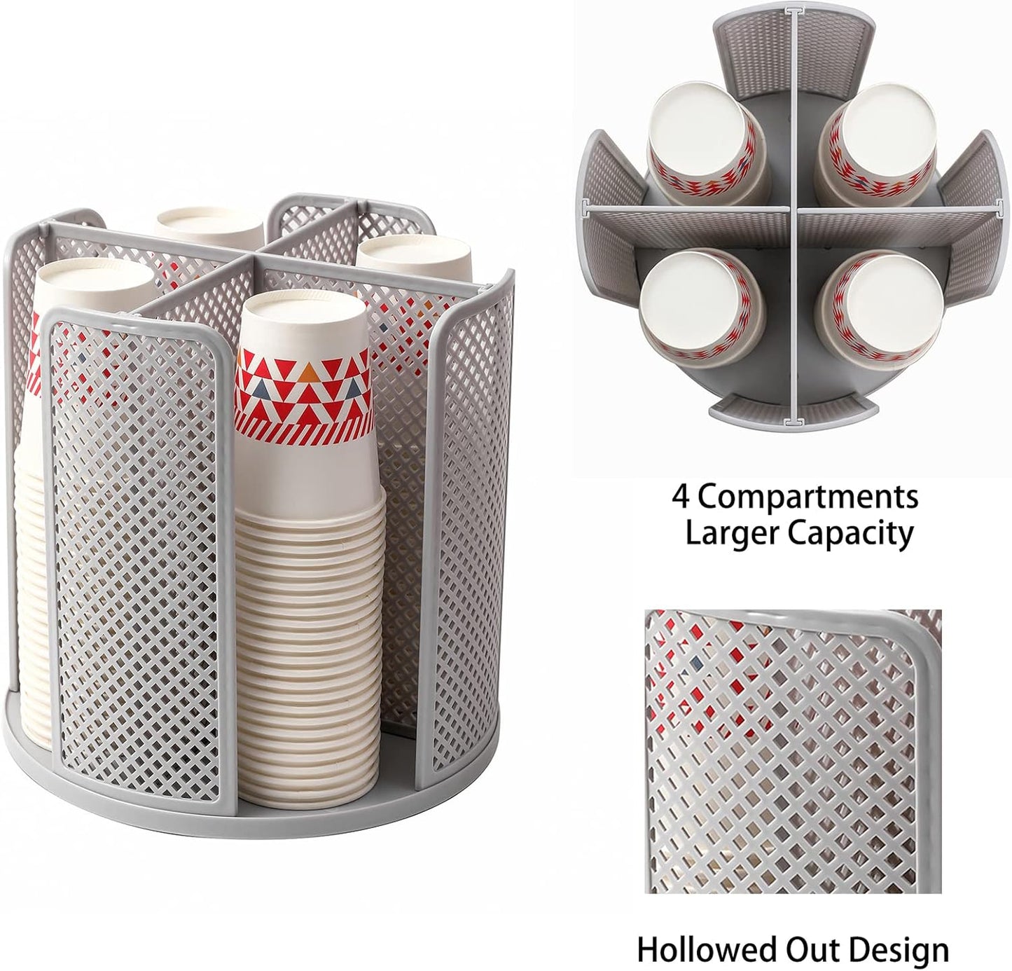 Paper Cup and Lid Holder Plastic Cup Storage Organizer Coffee Cup Dispenser for Countertop, Breakroom, Bathroom, Coffee Station, Bar, Buffet, Kitchen Cabinet - Gray