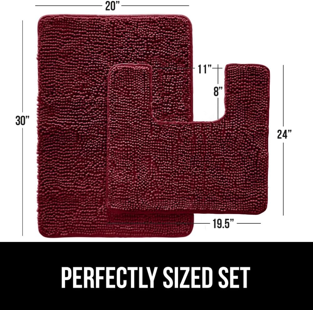 GORILLA GRIP Bathroom Rug Sets, Soft Chenille 2 Piece Area Rugs Set, Toilet Base Mat and 30x20 Carpet, Absorbent Microfiber Washable Mats Dry Quickly, Home Décor and Bath Room Accessories, Burgundy