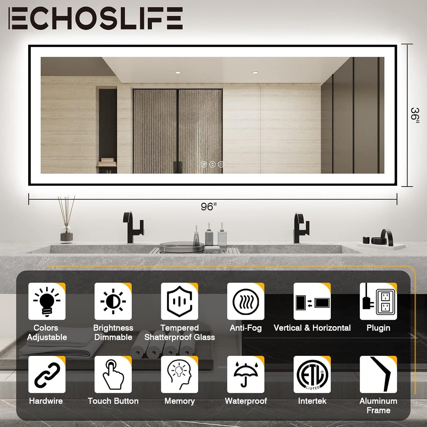 96x36 Large LED Bathroom Mirror with Lights - Black Aluminum(Front and Backlit),Anti-Fog Lighted Mirror for Wall,Stepless Dimmable Lighted Mirror,3 Colors Smart Mirror(Horizontal/Vertical)