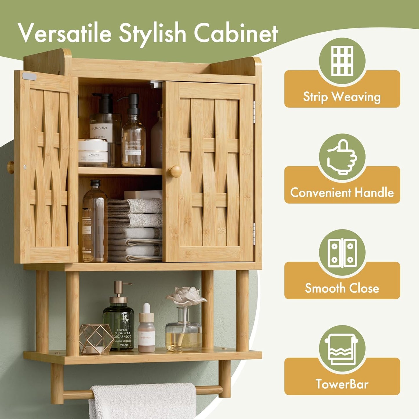 AmazerBath Bathroom Wall Cabinets with Strip Weaving Door, Medicine Cabinets with Towel Bar, Hanging Over Toilet Storage Organizer Cabinet for Small Spaces, Adjustable Shelves, 8.3x16.5x26.6 Inches