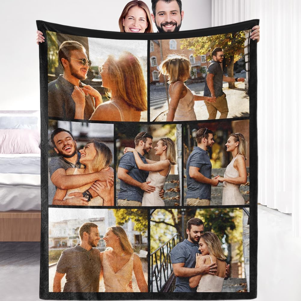 Sherpa Fleece Custom Photo Blanket - Soft, Warm, Fuzzy - Personalized Couples Gifts for Boyfriend, Girlfriend - Customized Picture Blanket for Birthday, Christmas