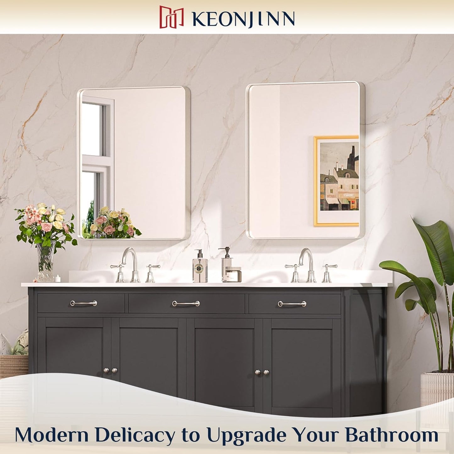 Keonjinn 24 x 30 Inch Brushed Nickel Bathroom Mirrors for Over Sink, Rounded Rectangle Silver Bathroom Vanity Mirror, Farmhouse Mirror for Wall, HD Tempered Glass, Anti-Rust Aluminum Alloy Mirror