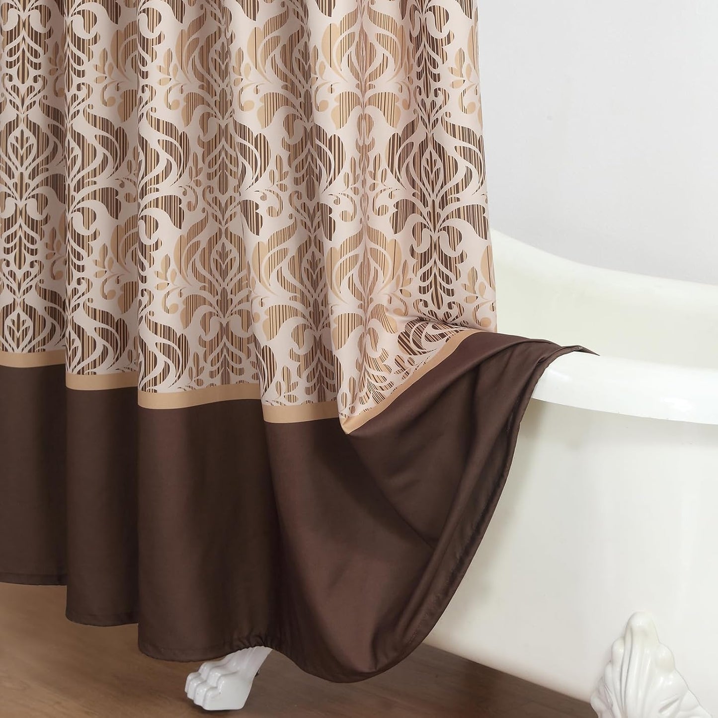 90 Inch Fabric Shower Curtain, Extra Long Brown Damask Shower Curtains for Bathroom, 72" W x 90" H