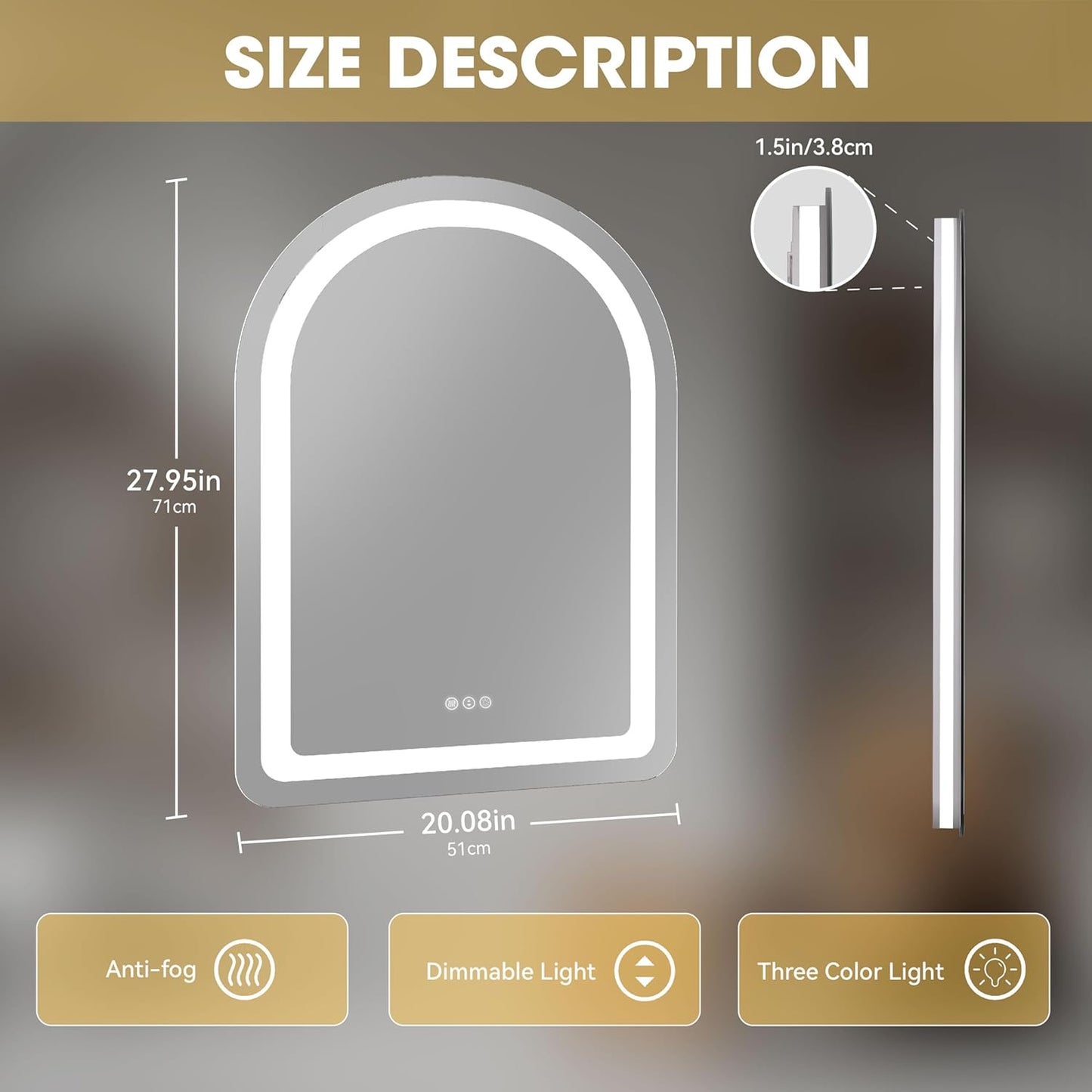 Hasipu 20x28 Inch Bathroom Mirror with Lights Arch LED Vanity Mirror Frontlit Smart Touch Sensor Dimmable 3 Colors Temperature Shatterproof Wall-Mounted Vanity Mirror Metal Frame