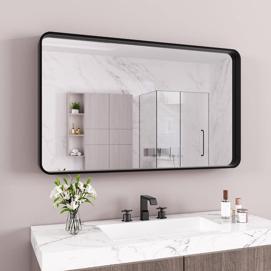 Black Bathroom Mirror 60X28 Inch, Black Metal Framed Mirror for Wall, Rounded Rectangle Matte Bathroom Vanity Mirror with Tempered Glass, Anti-Rust, Horizontal/Vertical