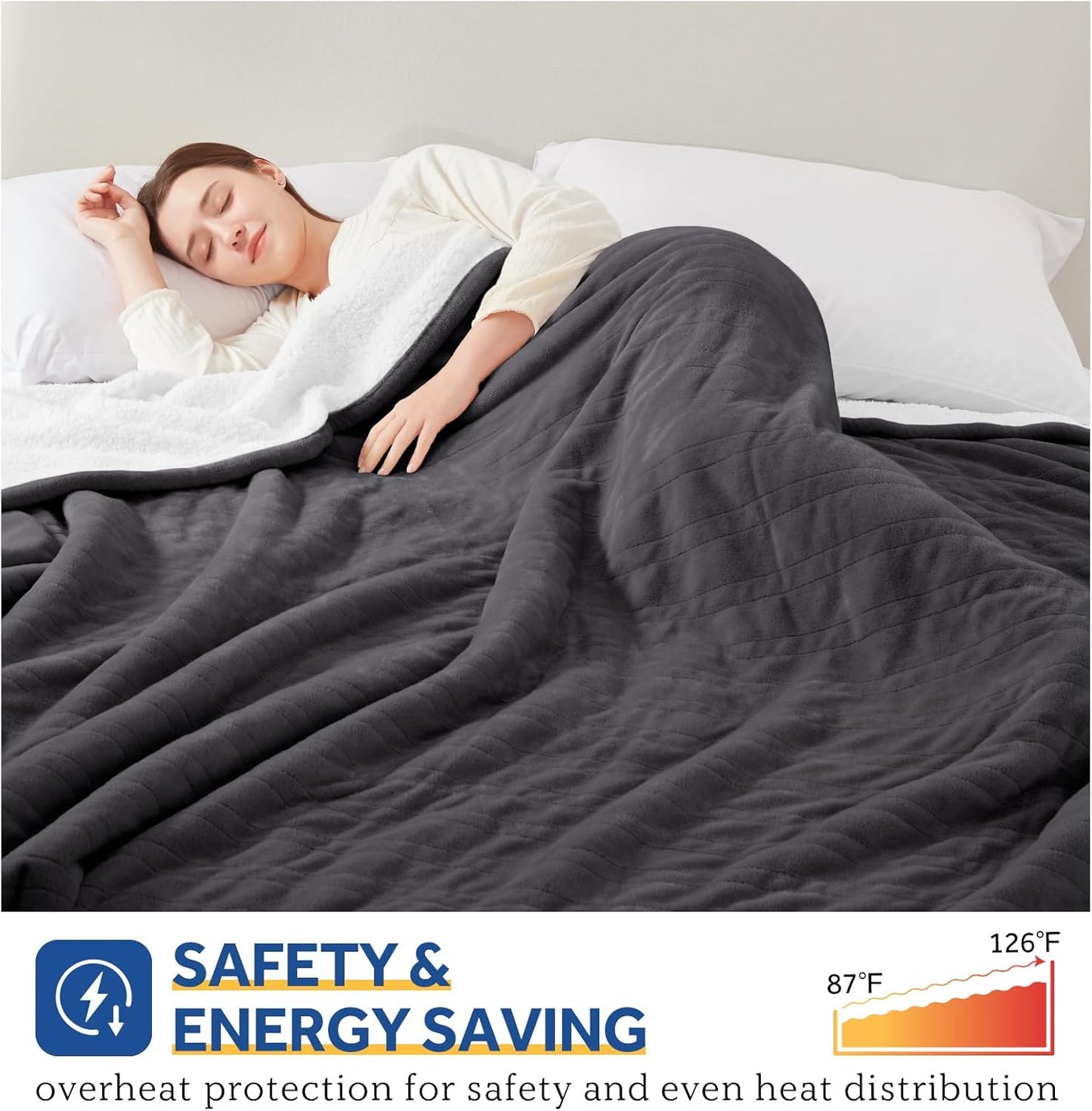 SEALY Electric Blanket Queen Size, Flannel & Sherpa Heated Blanket with 10 Heating Levels & 1-12 Hours Auto Shut Off, Machine Washable, Grey, 84 x 90 Inch