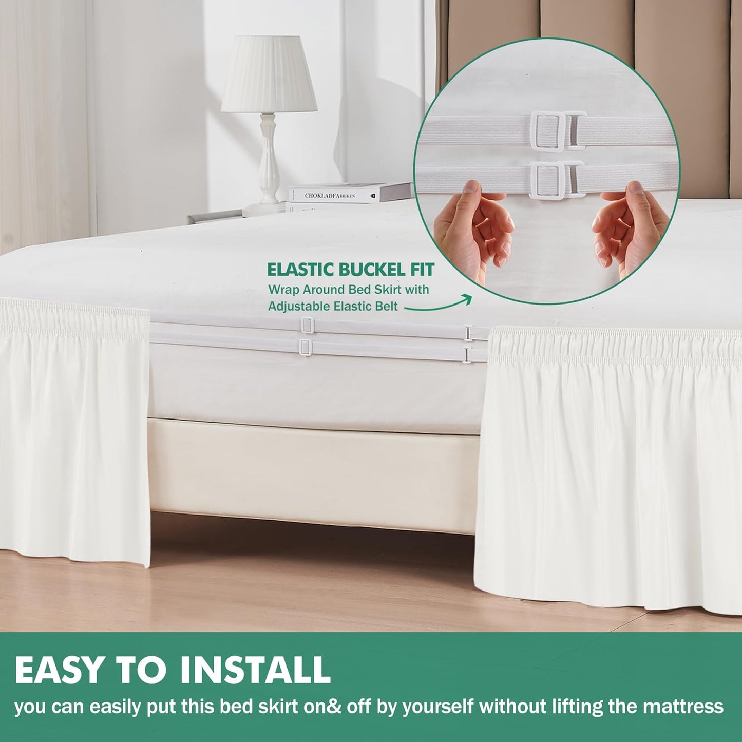 Biscaynebay Wrap Around Bed Skirts with Split Corners for Full Beds 15" Drop, Ivory Adjustable Elastic Dust Ruffles Easy Fit Wrinkle Resistant Silky Luxurious Fabric Machine Washable