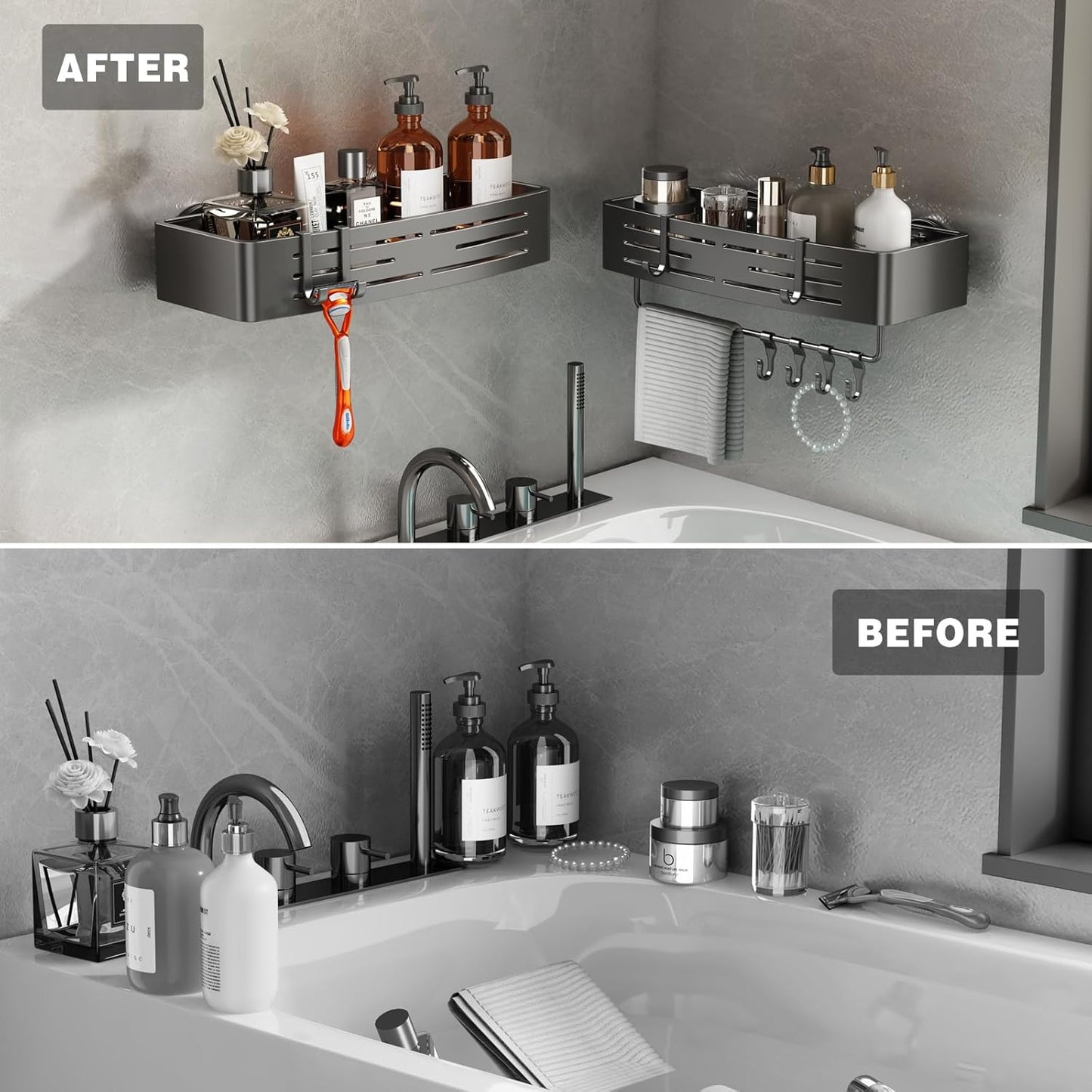 Voldra Adhesive Shower Caddy, 2 Pack Shower Shelves for Inside Shower No Drilling, Aluminum Stick On Showers Organizer with Towel Bar & Hooks Removable Bathroom Shelf Storage Rack(Gray)