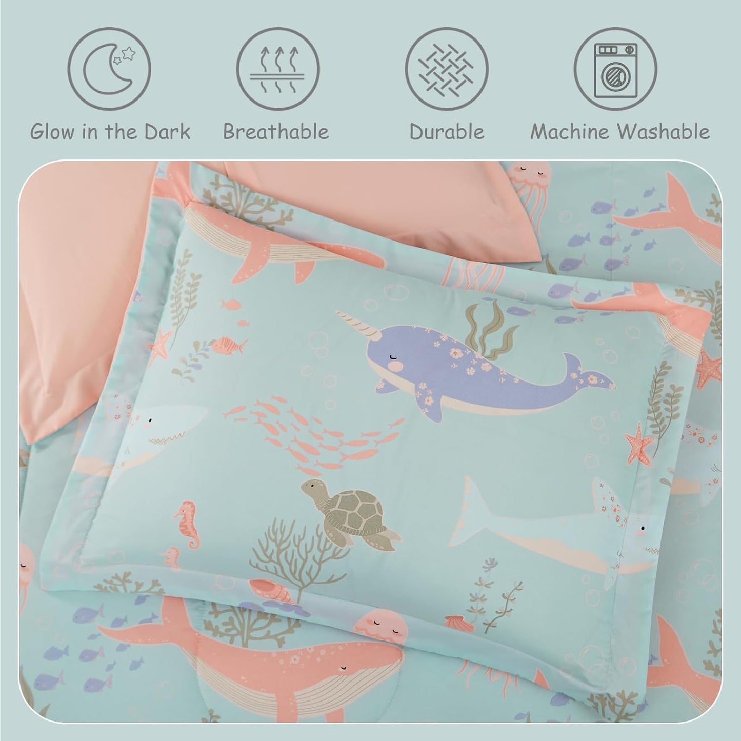 Twin Comforter Set for Girls Kids - 3 Pieces Ocean Animals Twin XL Bedding Set with 1 Comforter, 1 Decor Pillow & 1 Pillow Sham