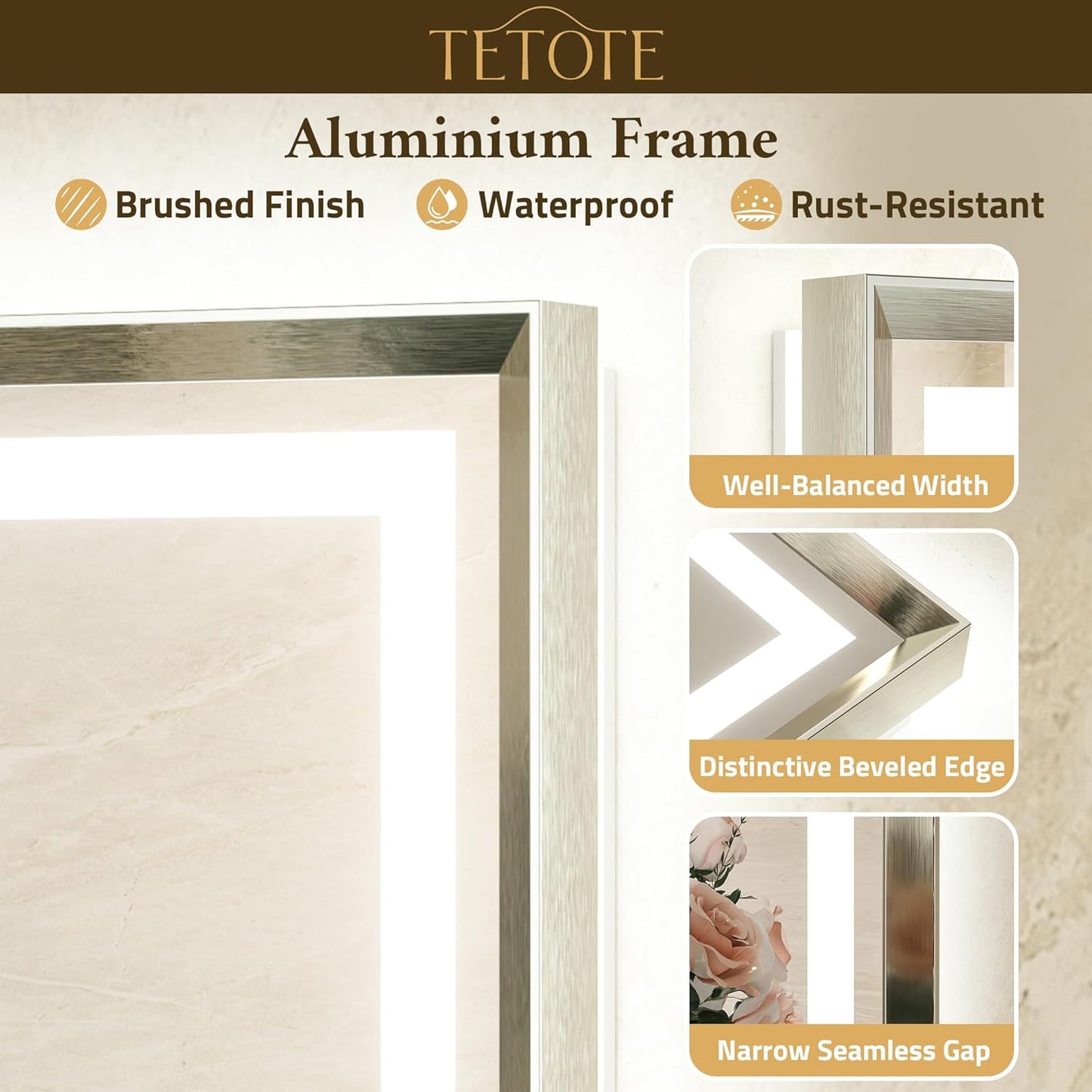 TETOTE 72 x 32 Large Bathroom Mirror Brushed Bright Nickel Metal Frame Frontlit & Backlit Vanity Mirror 3 Colors White/Warm/Natural Stepless Dimmable Anti-Fog Bathroom Mirrors for Vanity Wall-Mounted