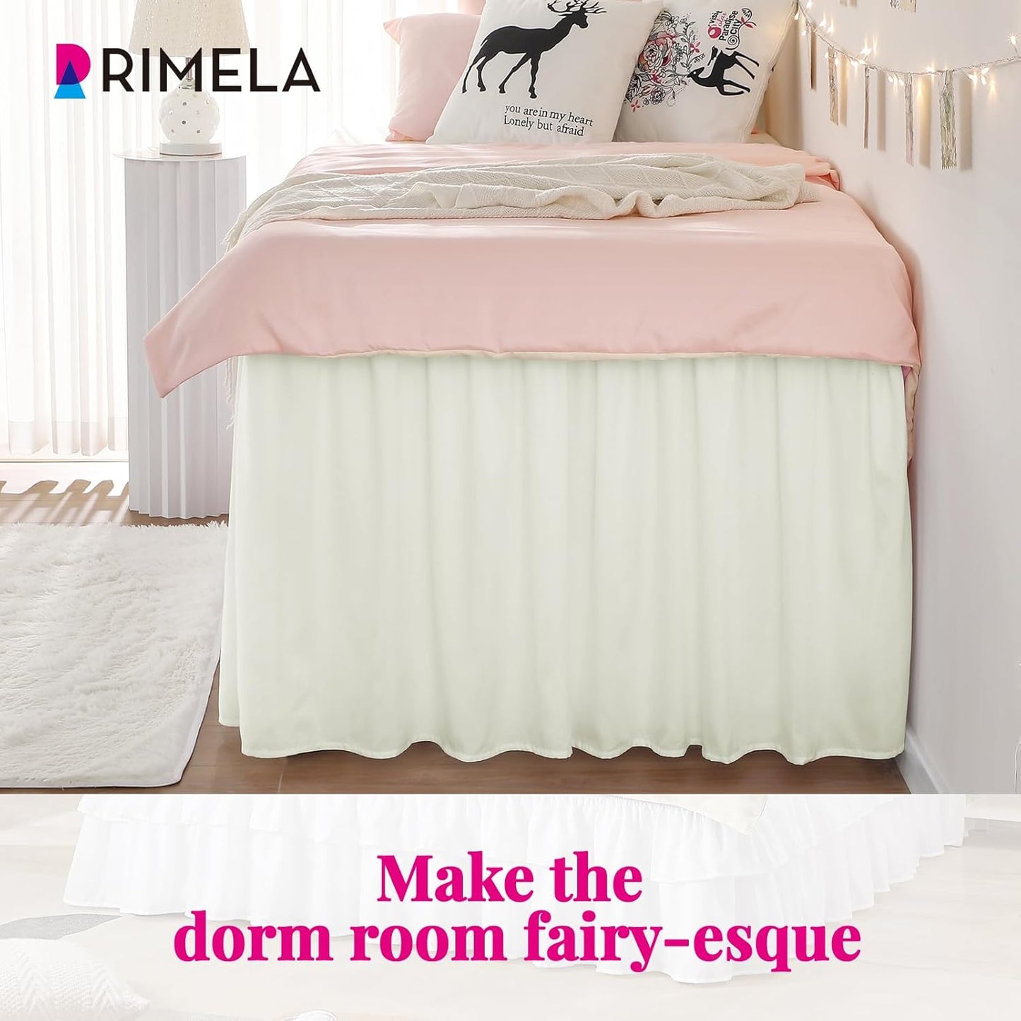 RIMELA Dorm Bed Skirt Twin XL 46 Inch Drop, Easy to Install Extra Long Wrap Around Elastic Dust Ruffle, Ivory White Bedskirt Solid Silky Fabric (Twin XL 80“L x 39”W & Twin 75“L x 39”W)