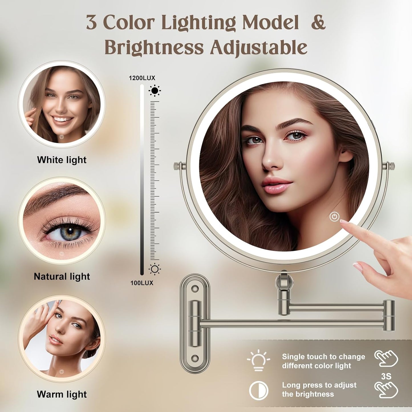 9" Wall Mounted Makeup Lighted Mirror, 4000mAh Rechargeable Double Sided LED Vanity Mirror with Height Adjustable&1X/10X Magnification, 3 Color Lights Bathroom Mirror (9INCH-Nickel)