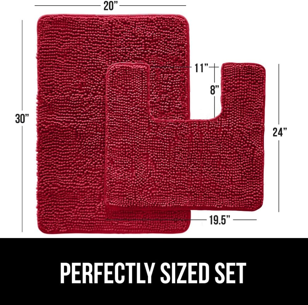 GORILLA GRIP Bathroom Rug Sets, Soft Chenille 2 Piece Area Rugs Set, Toilet Base Mat and 30x20 Carpet, Absorbent Microfiber Washable Mats Dry Quickly, Home Décor and Bath Room Accessories, Red