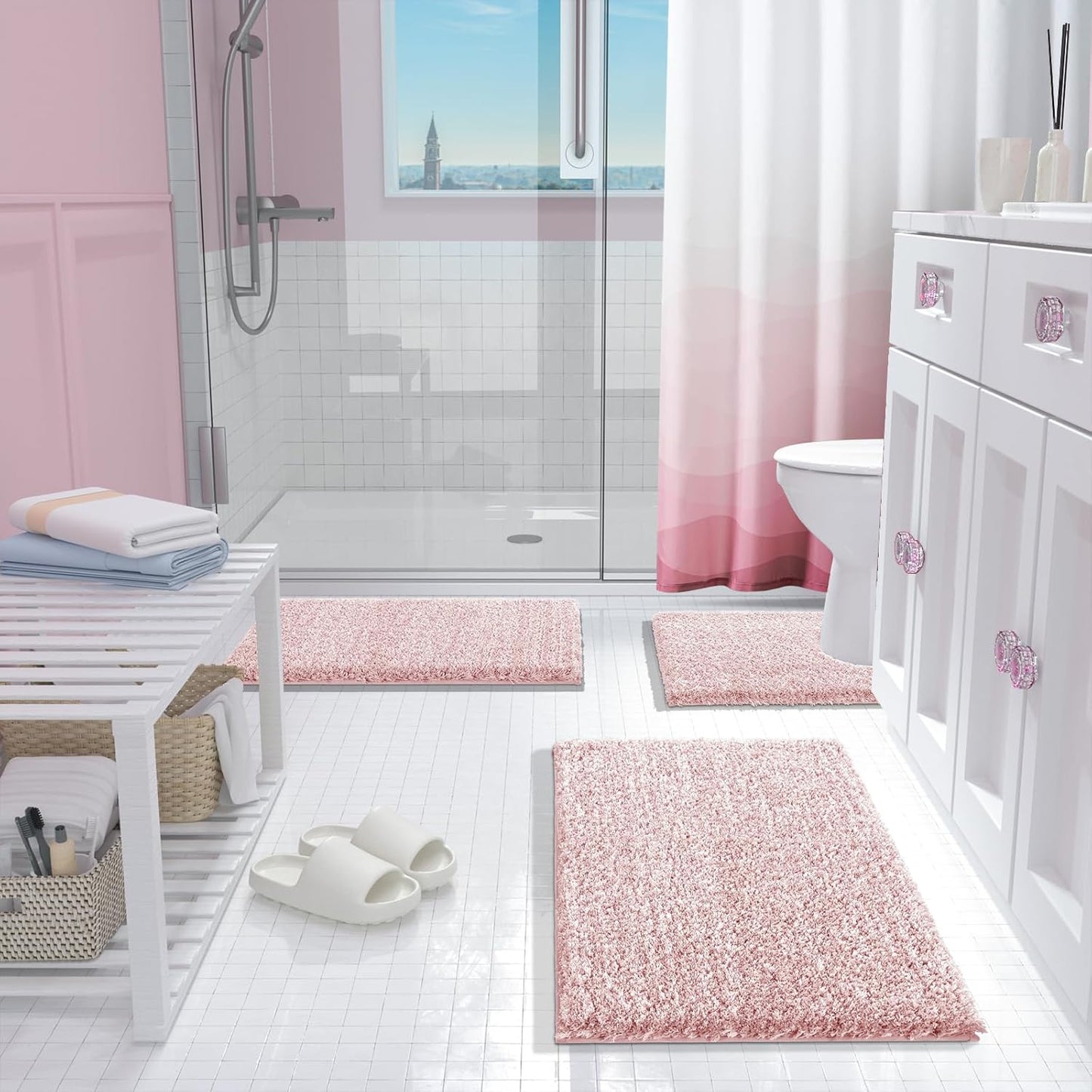 Yimobra Bathroom Rugs Non Slip Washable 36x24, Ultra Soft and Water Absorbent Bath Mats, Plush Fluffy Shower Mat Outside, Luxury Microfiber Thick Matts for Bathroom Floor/Tub, Light Pink and White