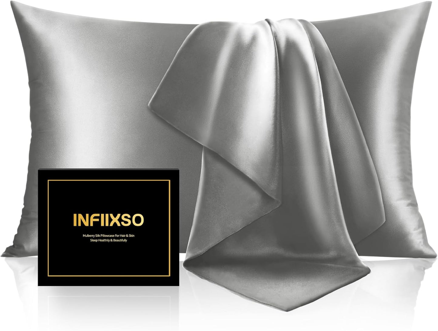 INFIIXSO Mulberry Silk Pillowcase for Hair and Skin, Silk Pillow Cases Queen Size with Hidden Zipper 20x30 Inches, Smooth and Soft Cooling Pillow Cases for Hot Sleepers(Dark Grey, 1 Pack)