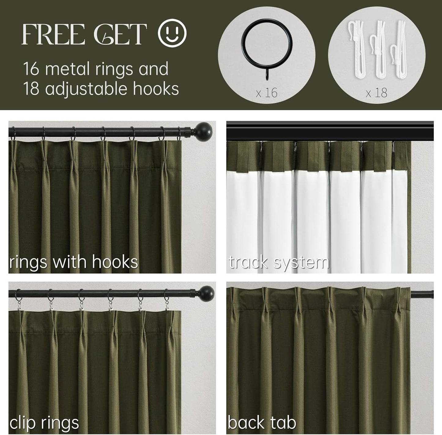 Topfinel Olive Green Linen Blackout Curtains 96 Inches Long, 100% Blackout Pinch Pleated Dark Green Boho Soundproof Track Back Tab Drapes with Hooks Rings for Living Room Bedroom Sliding Door