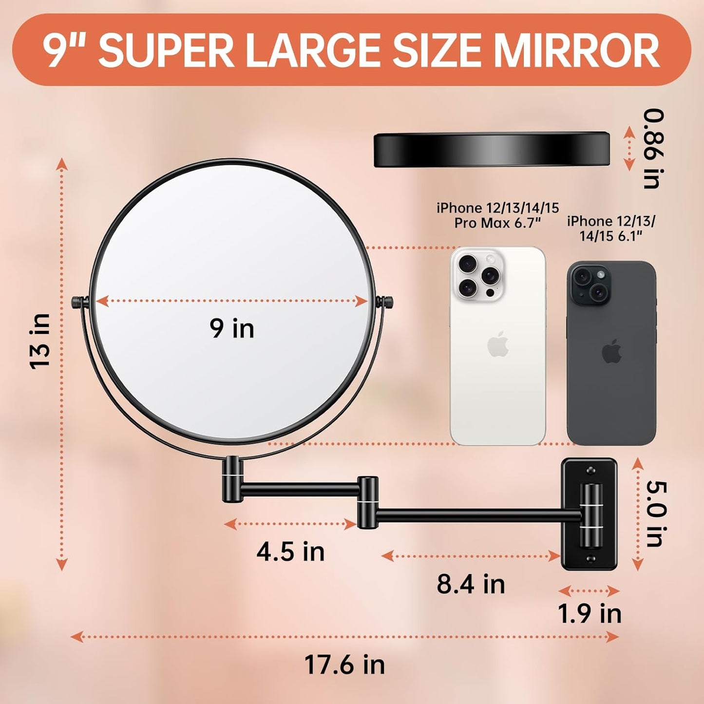 Benbilry 9" Large Size Wall Mounted Makeup Mirror, 1X/10X Magnifying Double Sided Shaving Mirror for Bathroom, 360° Swivel Extendable Arm, Black