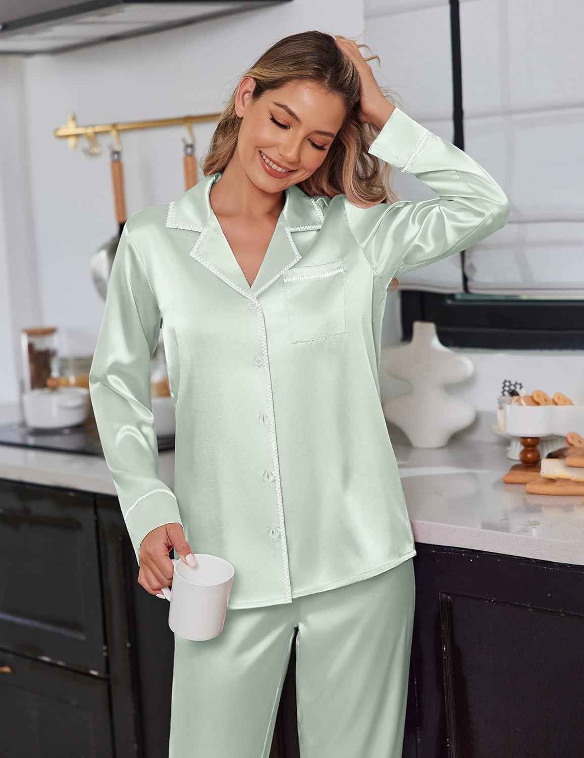 Ekouaer Satin Pajama Set for Women Silky Sleepwear Long Sleeve Top and Pants Button Down Pjs Lounge Set