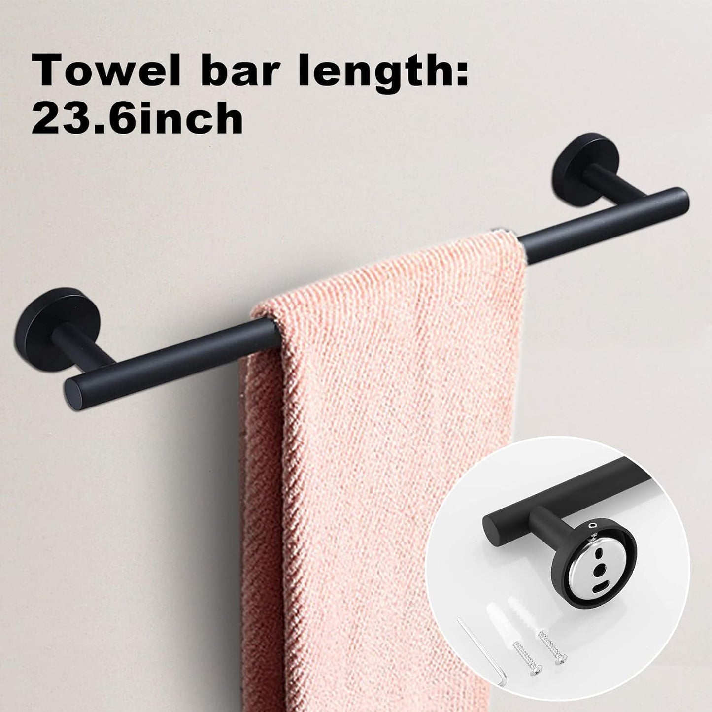 15sets 23.6inch Matte Black Bathroom Hardware Set, Include 3PCS 23.6inch Towel Bar, 3PCS Towel Ring, 3PCS Toilet Paper Holder, 6PCS Robe Hook-Matte Black
