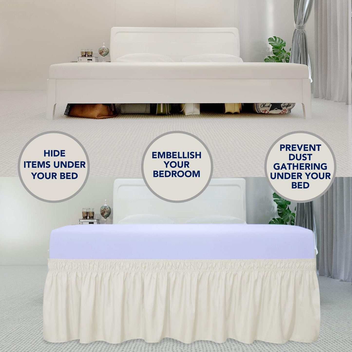 PureFit Wrap Around Ruffled Bed Skirt with Adjustable Elastic Belt - 14 Inch Drop Easy to Put On, Wrinkle Free Bedskirt Dust Ruffles, Bed Frame Cover for Twin, Twin XL and Full Size Beds, Ivory