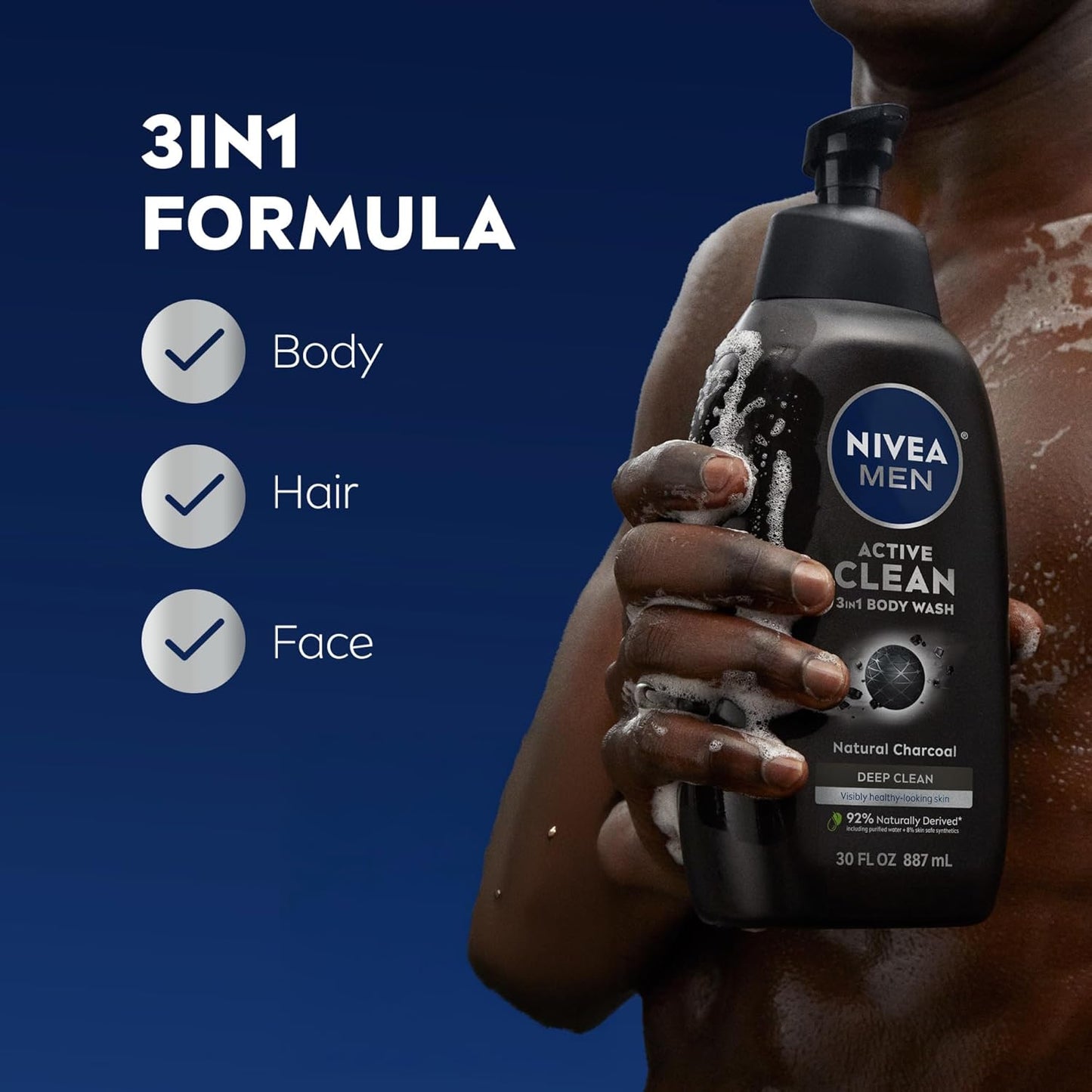 NIVEA Men Active Clean Body Wash with Natural Charcoal for Normal to Oily Skin, 3-in-1 Charcoal Body Wash, Face and Hair, Draws Out Dirt and Impurities, 30 Fl Oz Bottle