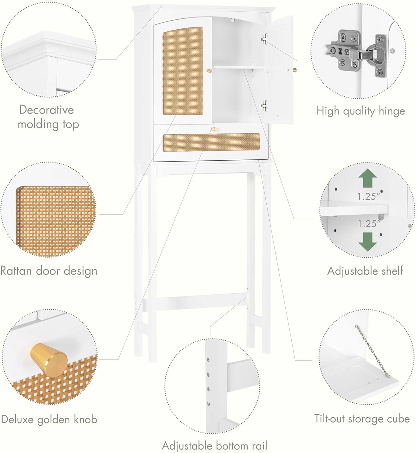Spirich Over The Toilet Storage Cabinet with Rattan Doors, Over Toilet Bathroom Organizer with Tilt-Out Cube and Adjustable Shelf
